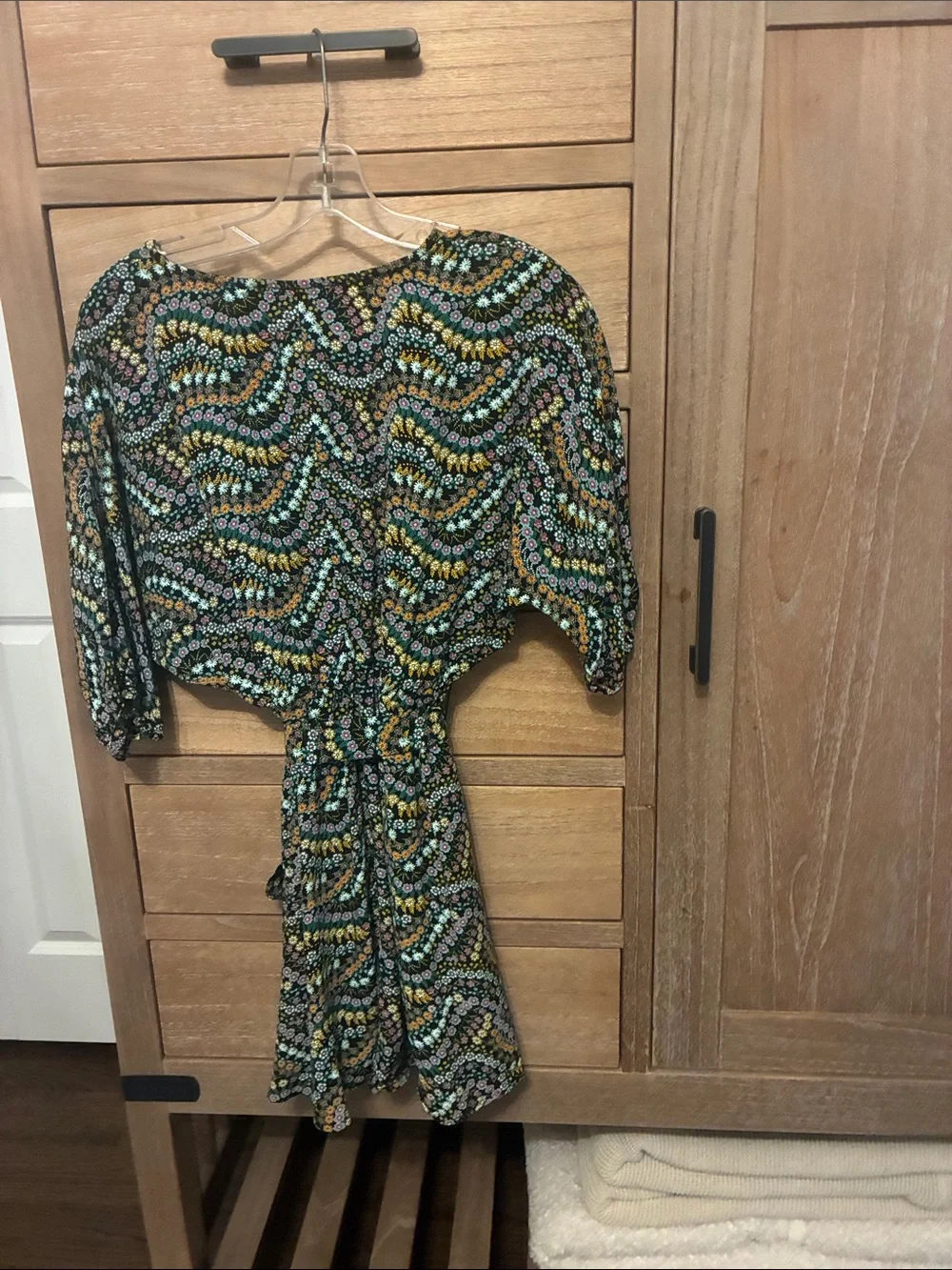 LOFT Petite Black Floral Wave-Print Wrap Dress